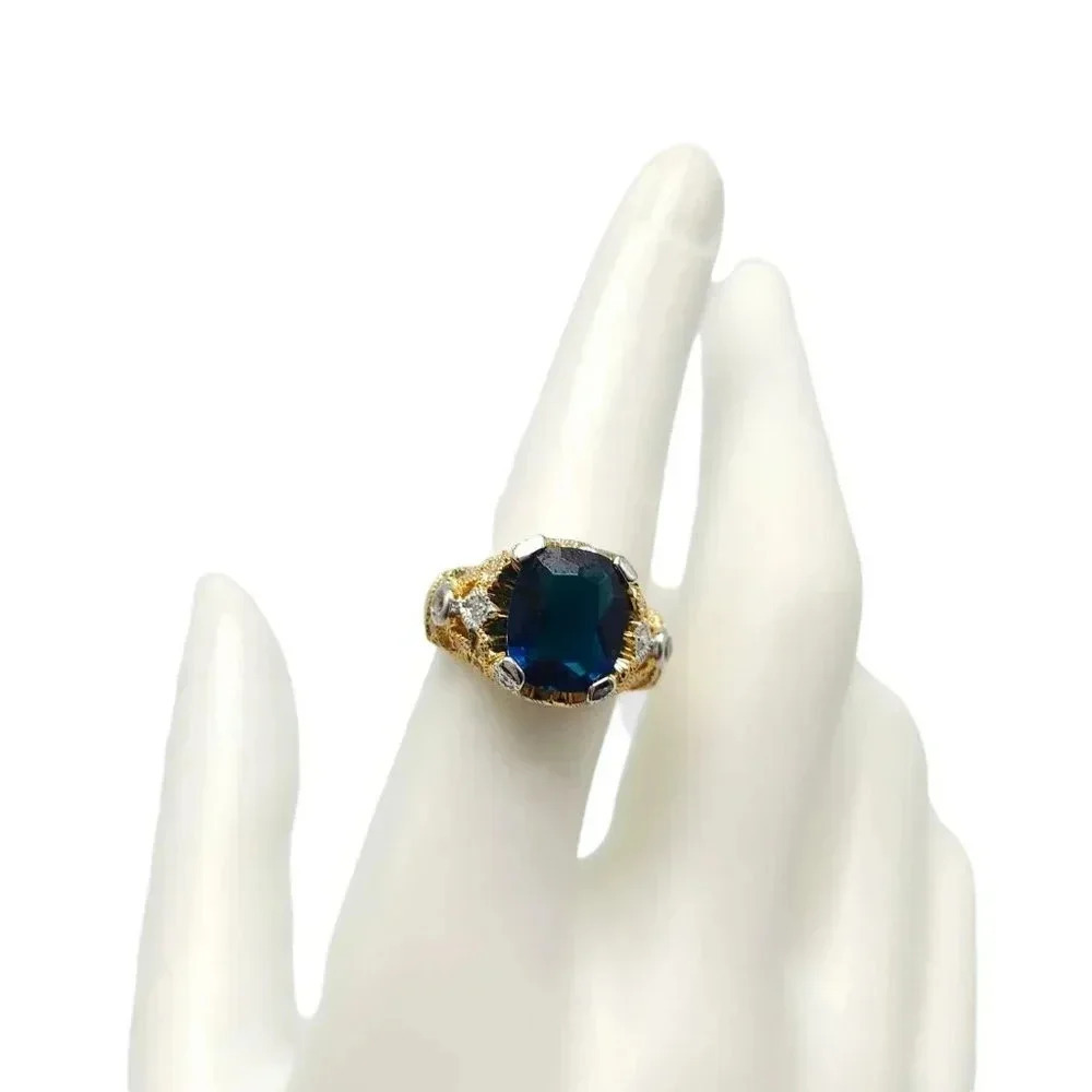UNCAS Gold Vermeil Over Sterling Blue Clear Rhinestone Filigree Ring Size 7